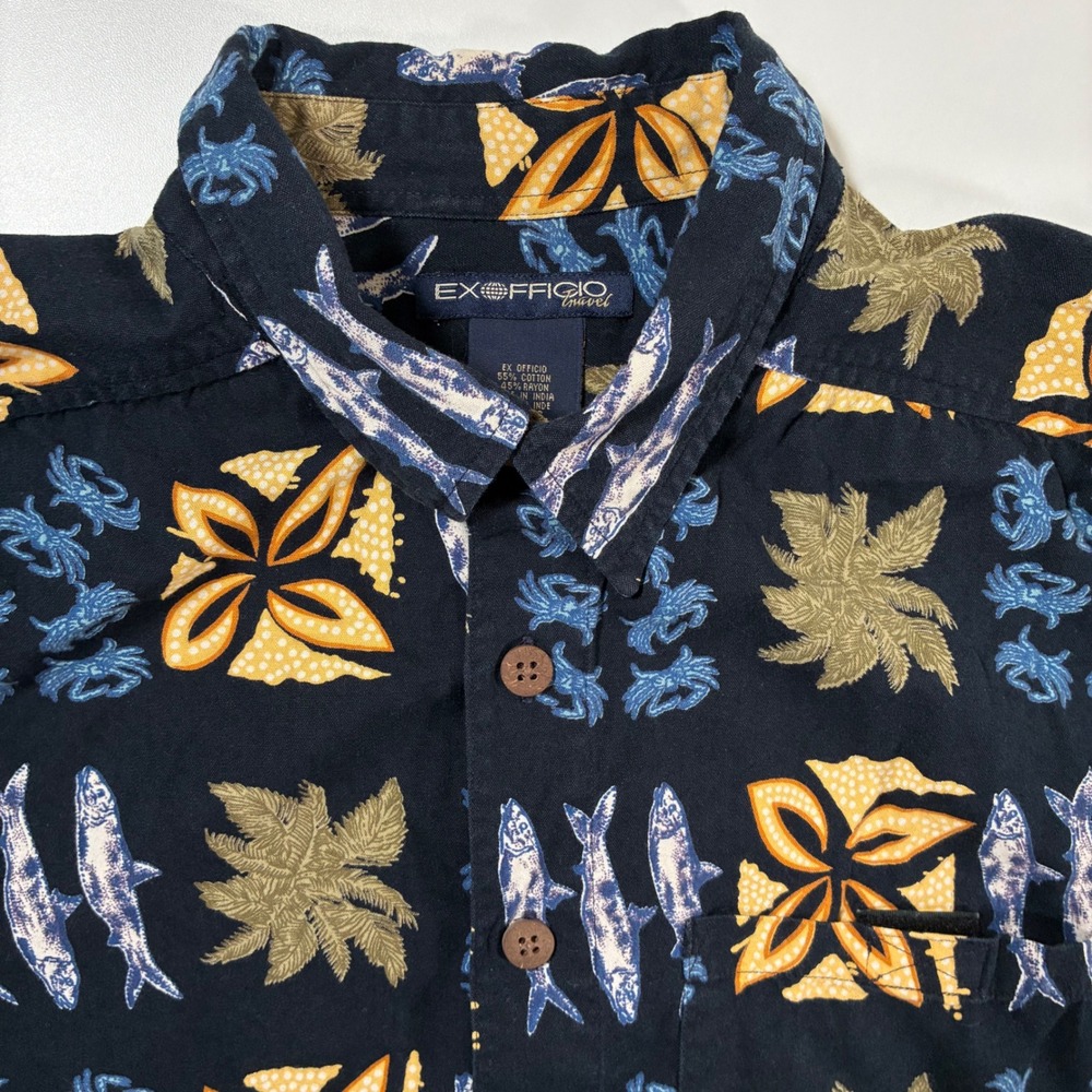 ExOfficio Shirt Large Blue Tropical Fish Crab All Over Print Rayon AOP Hawaiian